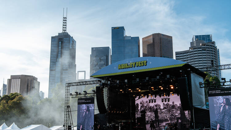 The Ability Fest main stage with Melbourne in the background.