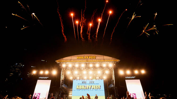 The Ability Fest stage at night with fireworks.