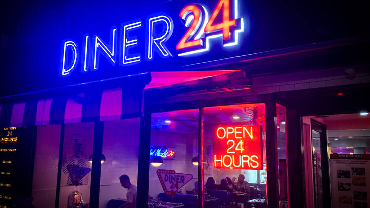 Diner24 exterior with its neon sign