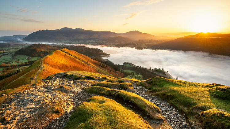 Sunrise from Catbells overlooking Derwentwater in the Lake District, England