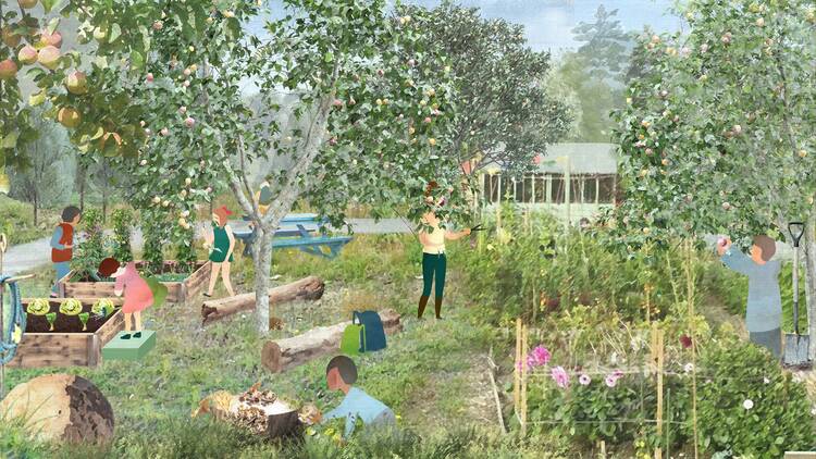 Illustration of people gardening at proposed East London Waterworks Park