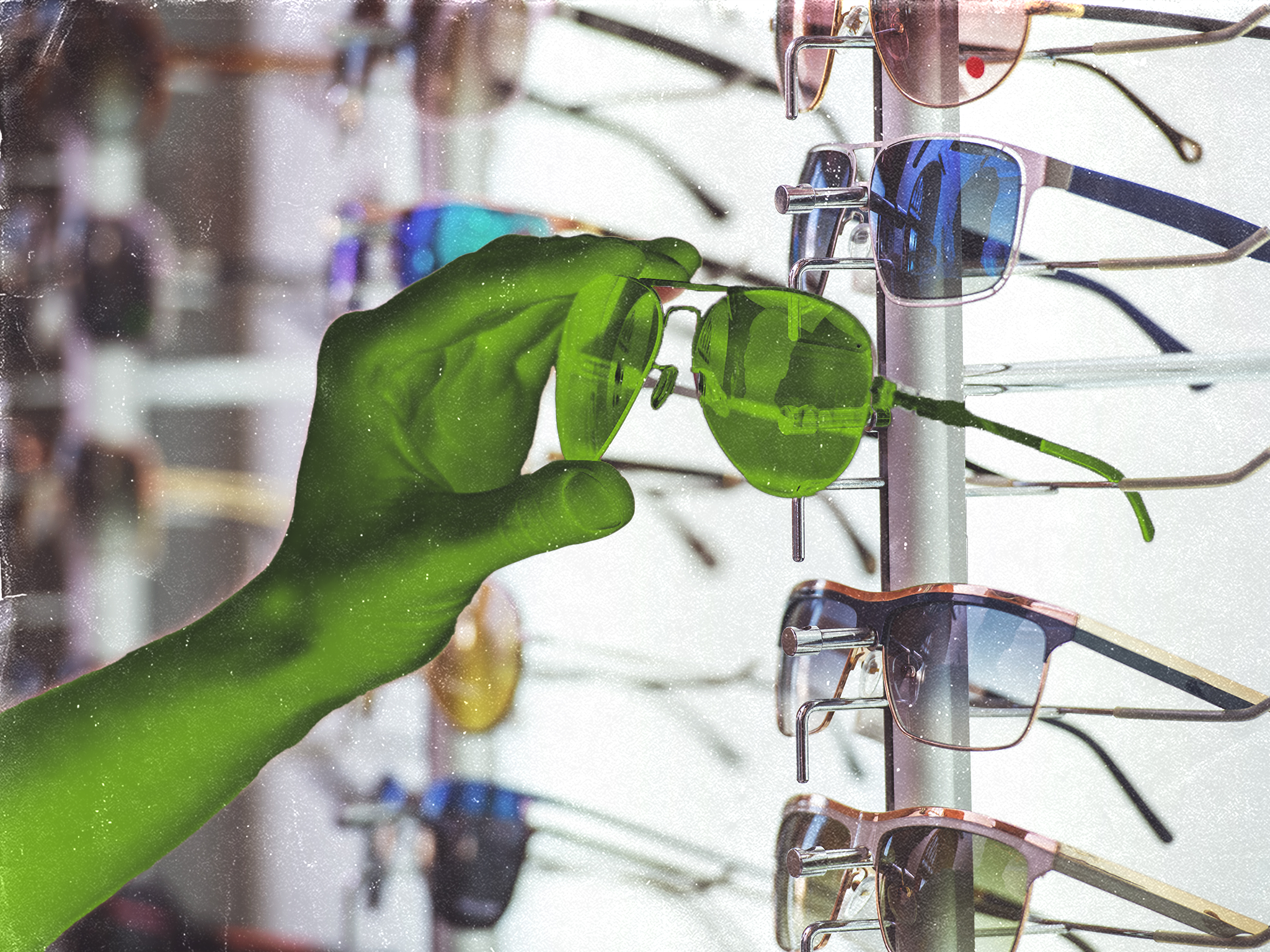 illustration of green arm grabbing tainted green glasses