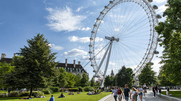 a scenic shot of the London Eye and gardens