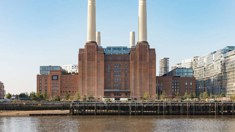 Battersea Power Station, seen front on from the River Thames. 