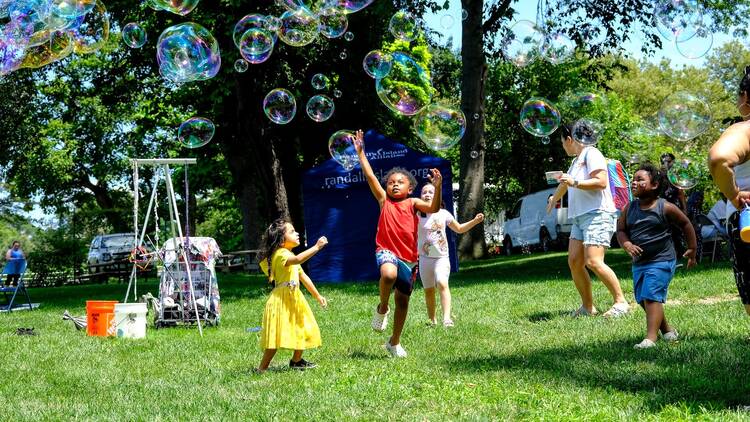 Several kids play with large bubbles in the grass during a sunny day.