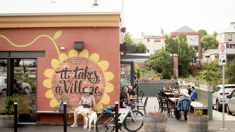 Outside of cafe with orange walls