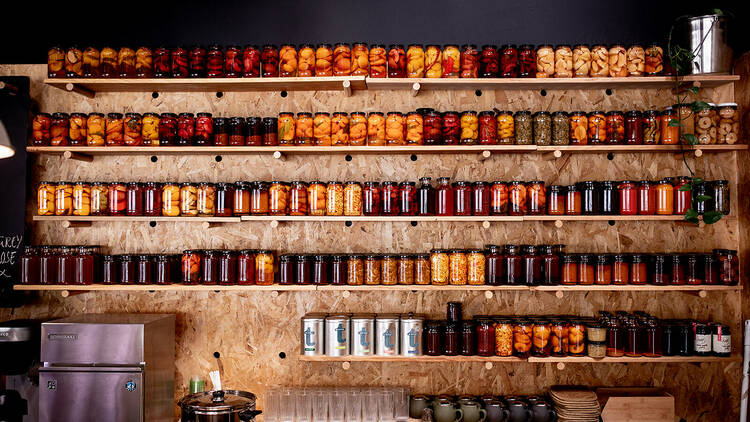 Rows of preserves at Hamlet cafe