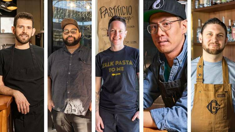 StarChefs Boston Rising Stars 2024 (L to R) Luke Fetbroth of Tonino, Matthew Bullock of Southern Pines Diner Car, Molly Dwyer of Bar Volpe, Lukas Dow of Judy's Bay, Seth Freidus of Good Company  