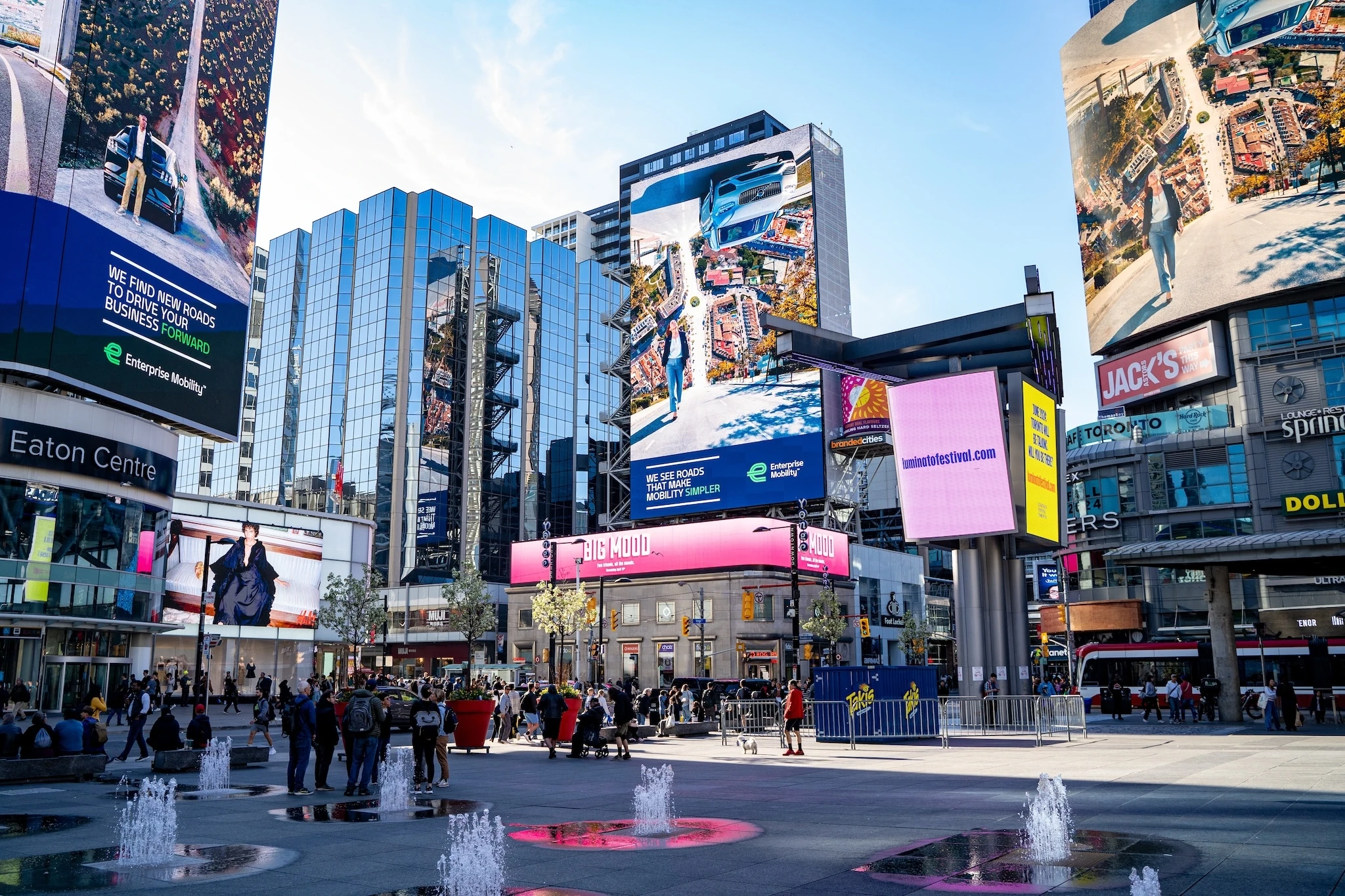 Yonge-Dundas Square is a public square at the southeast corner of the intersection of Yonge Street and Dundas Street East. Toronto, Canada - April 30, 2024.