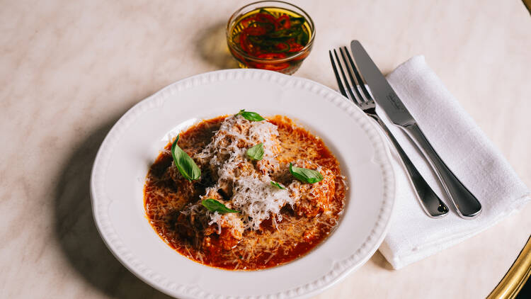 Dish of Italian meatballs. 