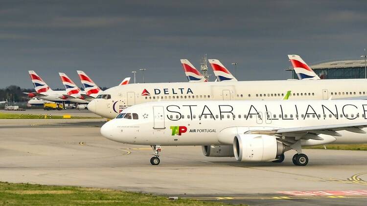 Planes on the runway at London Heathrow airport