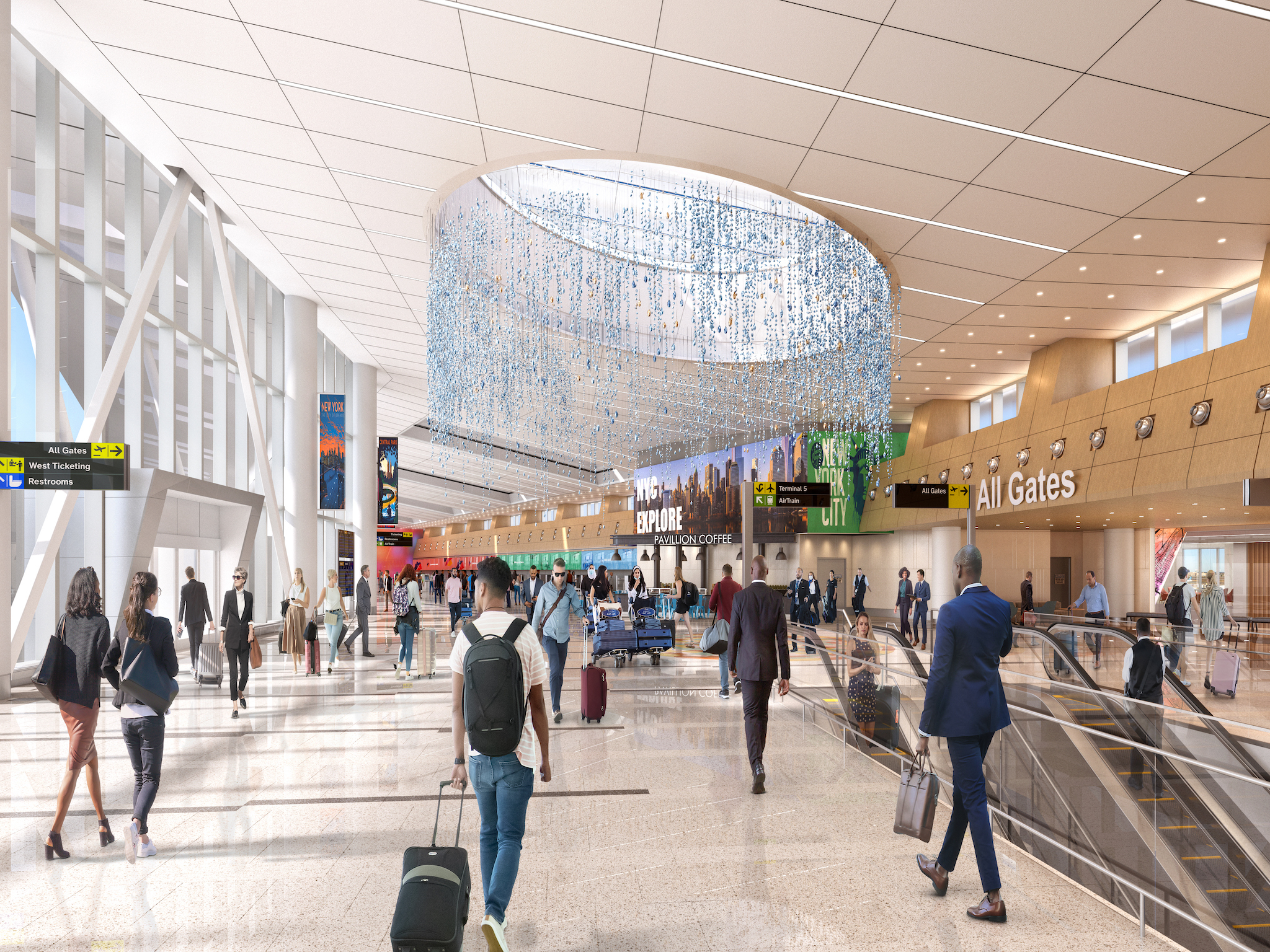 Passengers walking through the new terminal 6 with a sculpture hanging from the ceiling 