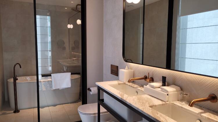 A fancy hotel bathroom with a bath in the shower, and a double sink