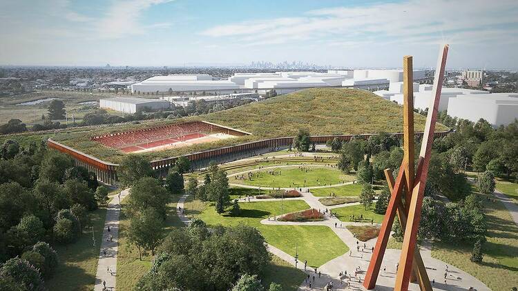 An artist's render of the future park, with green space and a stadium in the background. 