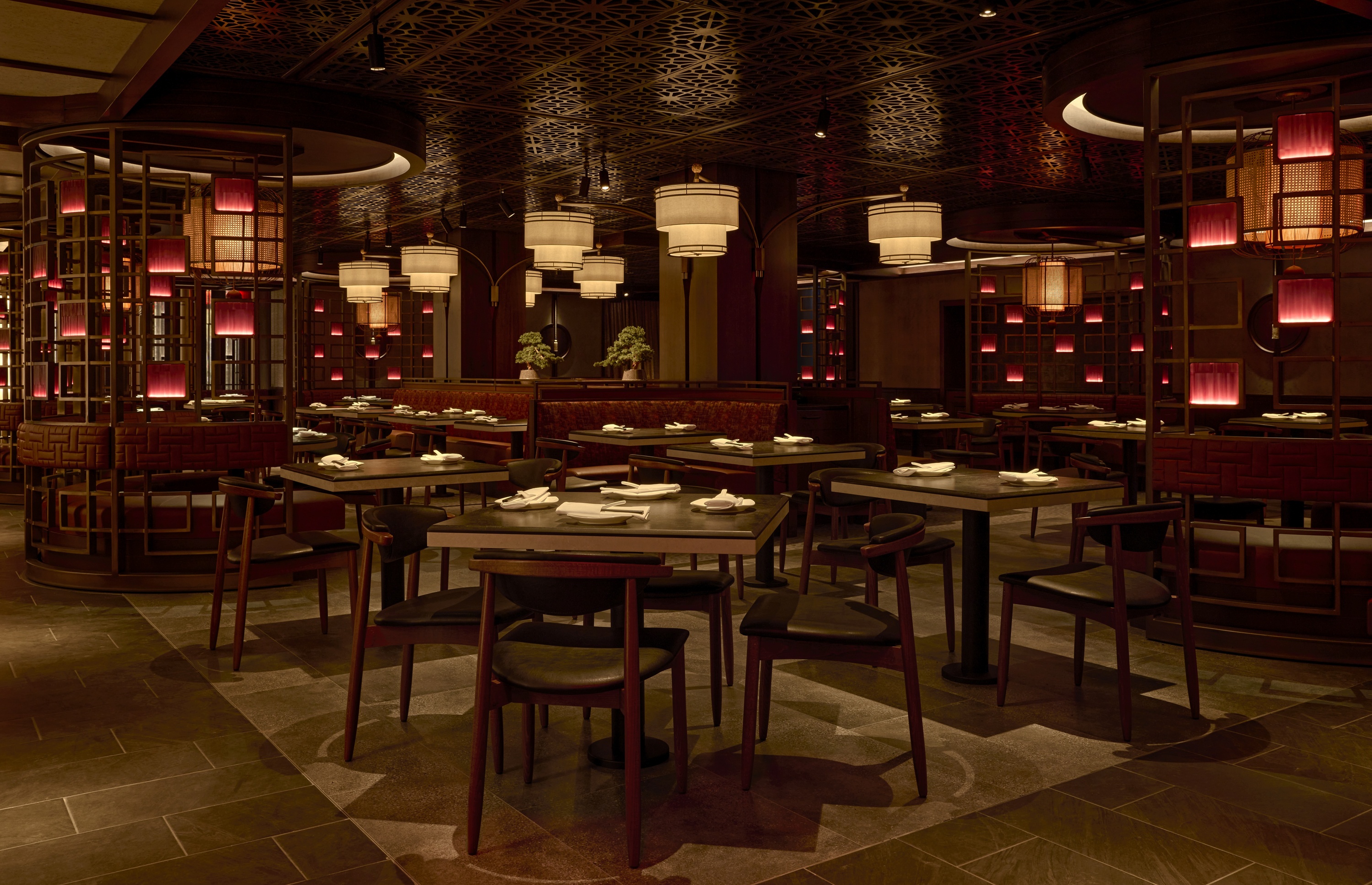 Din Tai Fung's wooden paneled restaurant with red glass panels