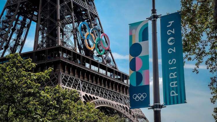 The Olympic rings installed on the Eiffel Tower in Paris