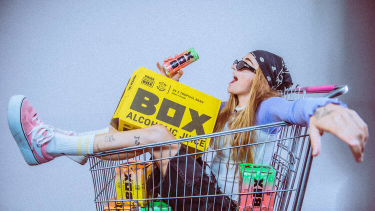 G Flip sitting in a trolley with boxes of Box Alcoholic Juice.