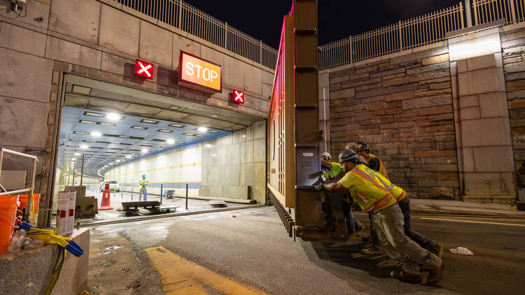 Flood doors closing at NYC tunnels