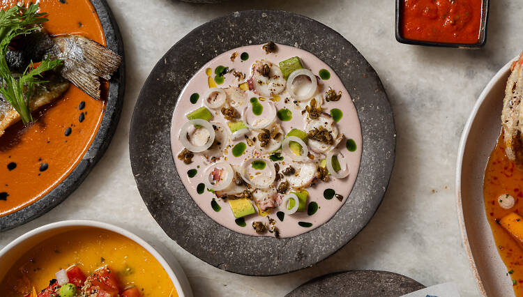 Ceviche in a seasoned tiger's milk sitting on a table with other dishes from Mission Ceviche