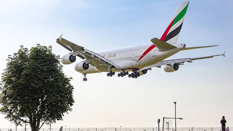 Emirates Airbus A380 plane at Heathrow airport in London