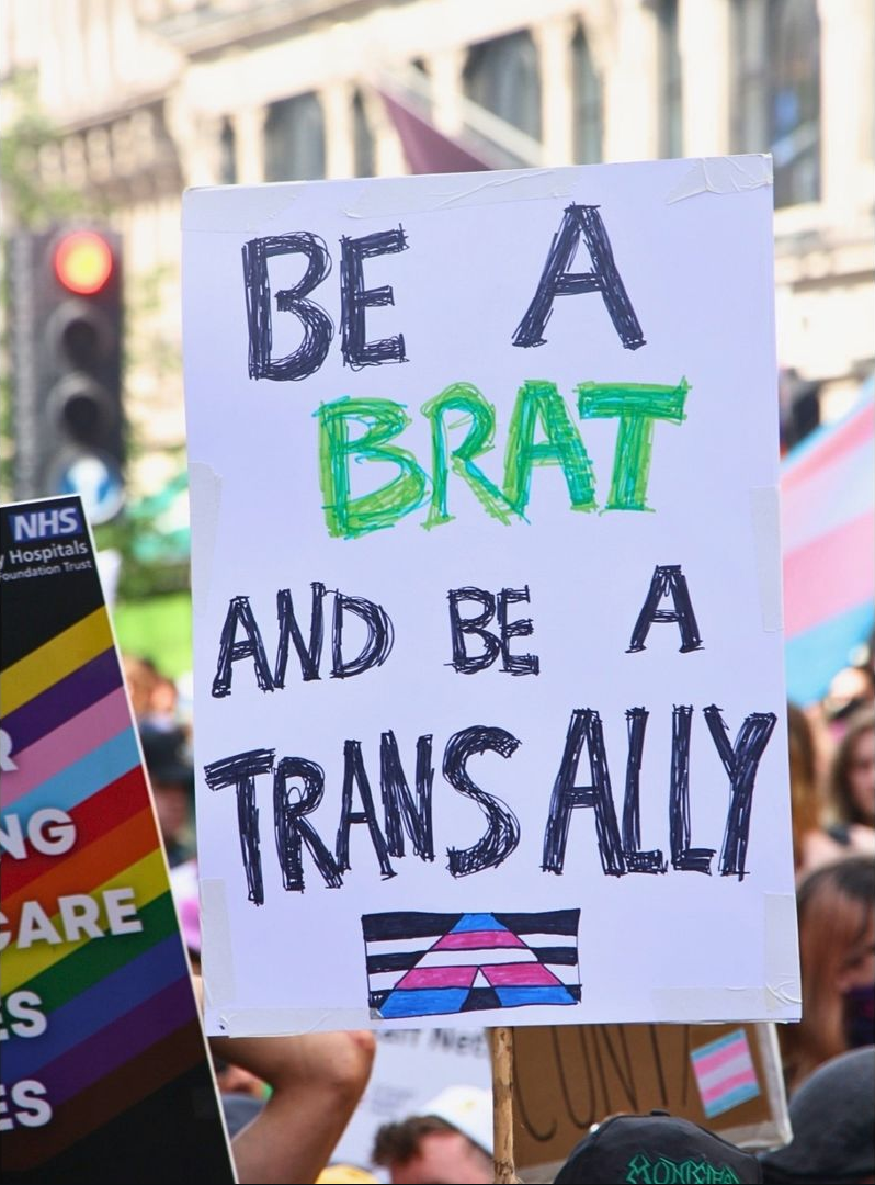 A placard that says 'be a brat and be a trans ally'