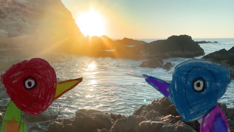 Fotograma de dos aves de dibujo con fondo costero de corto El Mar Animado de los Mangos