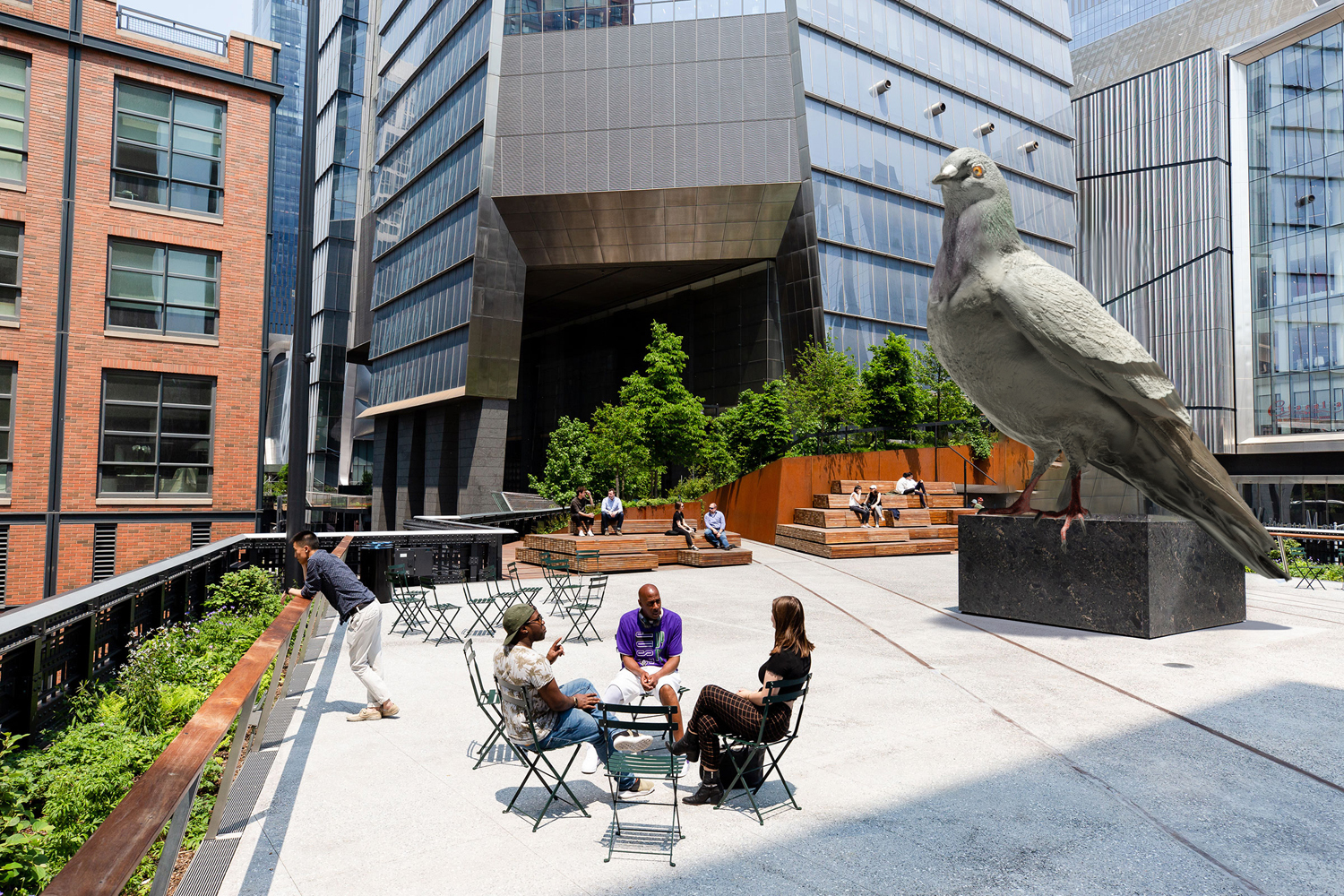 A rendering of the pigeon sculpture with people sitting next to it.