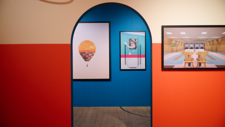 Wes Anderson-inspired images on a wall