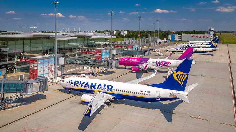 Ryanair and WizzAir planes on the runway in Poland