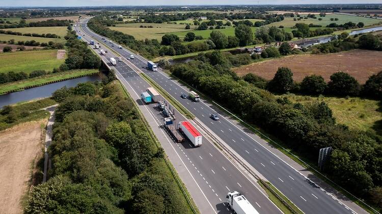 Aerial shot of M62 motorway in northern England