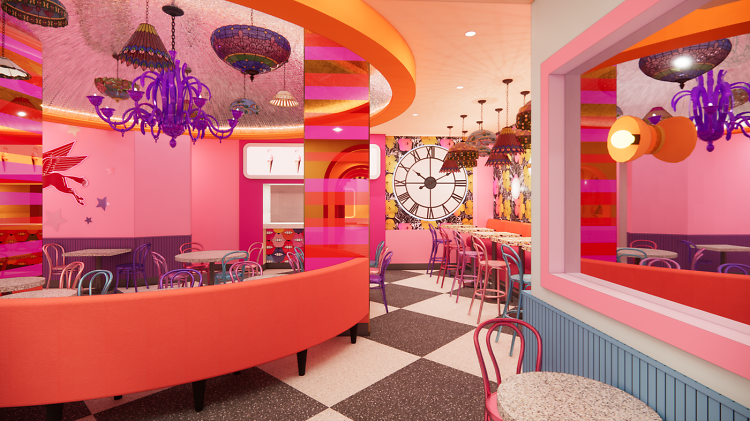 Bright pink and neon orange interior shot of Serendipity3 with purple chandeiliers and a white and black checkered floor