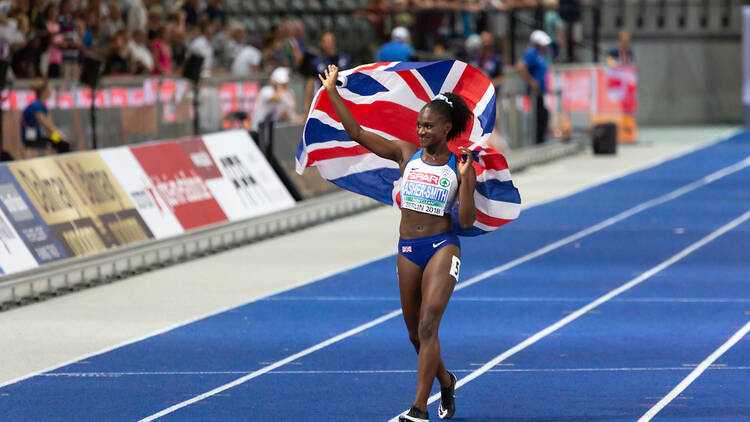 Dina Asher Smith on a racetrack at the European Championships