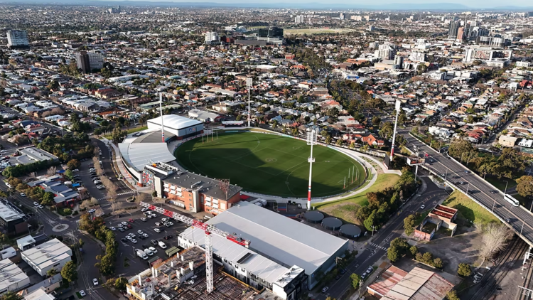 An aerial view of a sports stadium. 