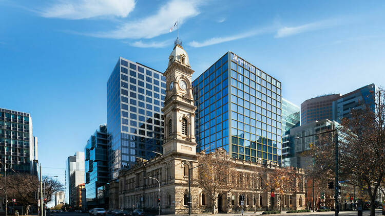 Exterior shot of Adelaide Marriot Hotel with blue skies