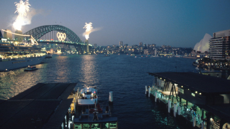 The Olympic rings on the Bridge - the night the Torch arrived