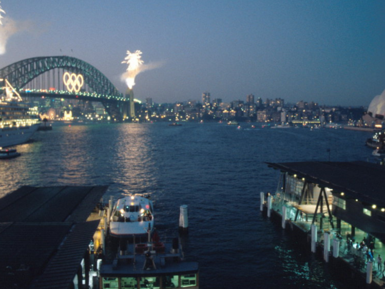 The Olympic rings on the Bridge - the night the Torch arrived