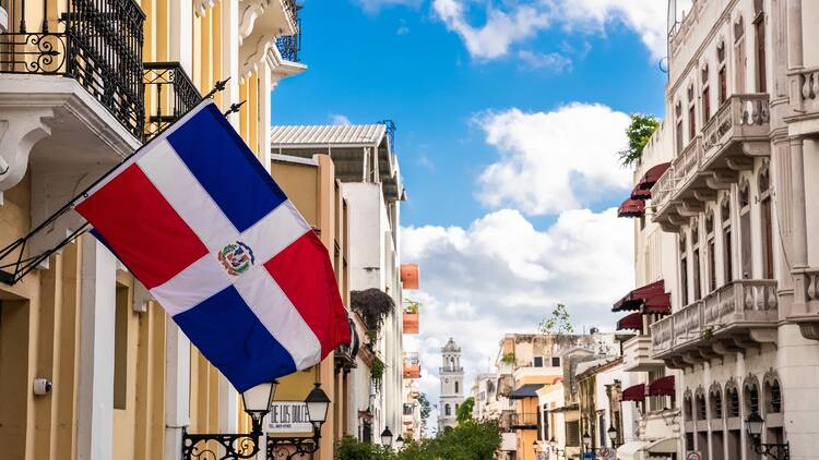 Dominican flag hanging on street