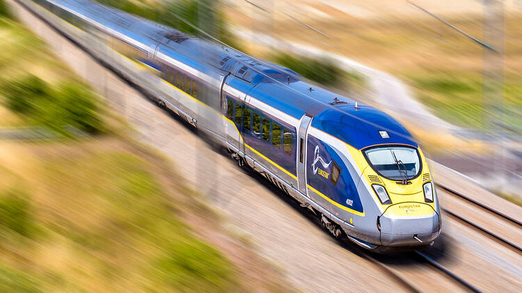 A Eurostar train in France travelling at high speeds