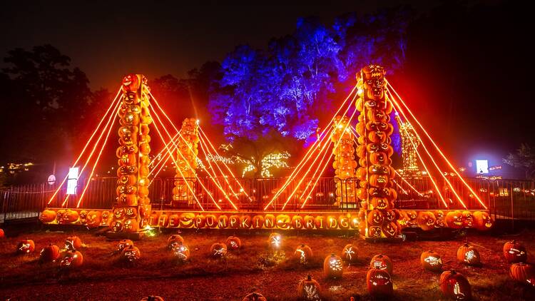 A bridge made up of carved jack-o-lanterns.