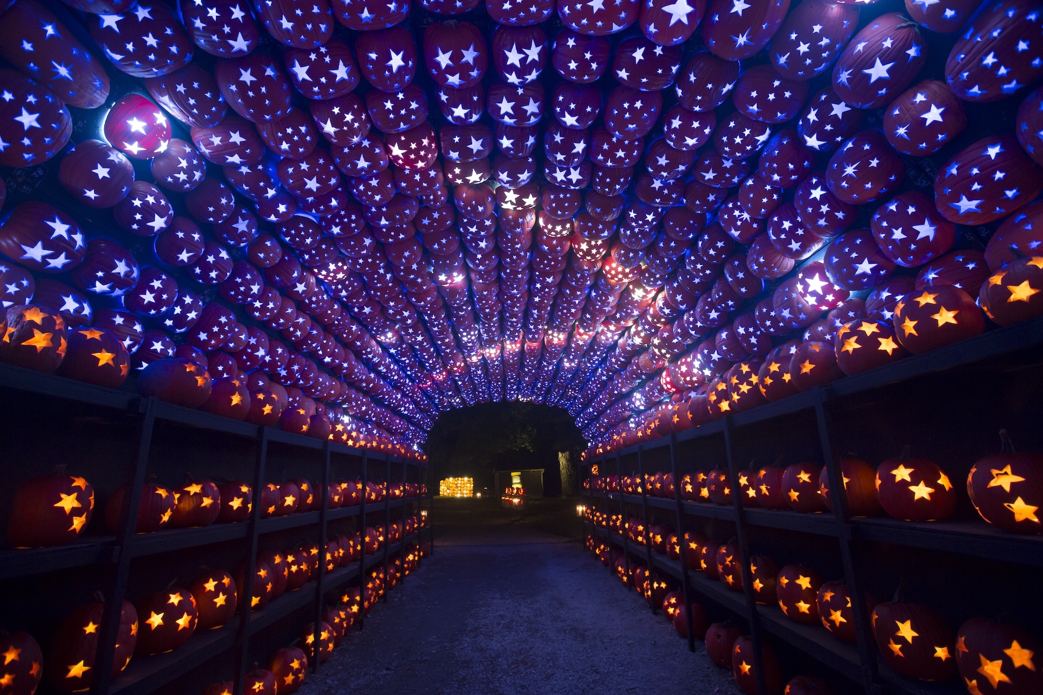 An archway made up of carved pumpkins.