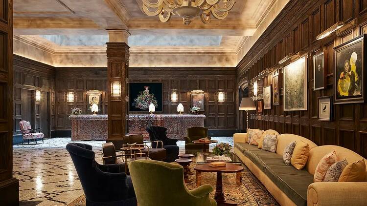 The hotel lobby at the Beekman Hotel