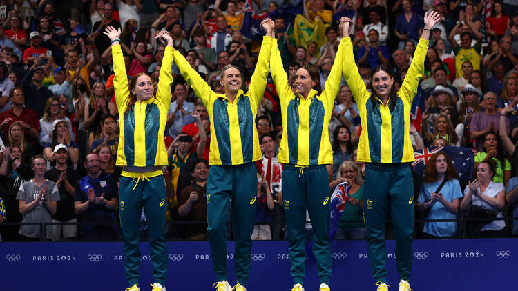 Gold medalists Mollie O'Callaghan, Shayna Jack, Emma McKeon and Meg Harris during the Medal Ceremony after the Women's 4x100m Freestyle Relay 