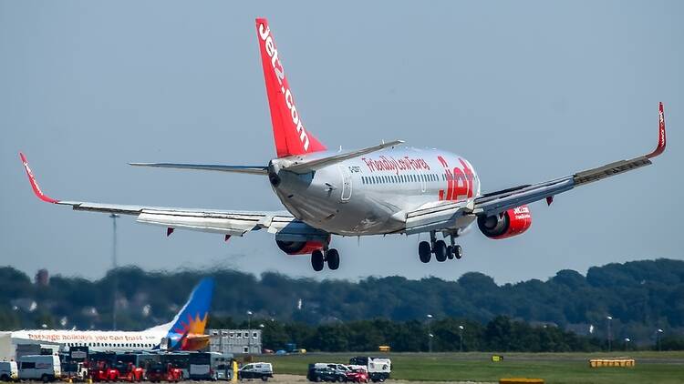 Jet2 budget airline plane landing at Leeds Bradford airport