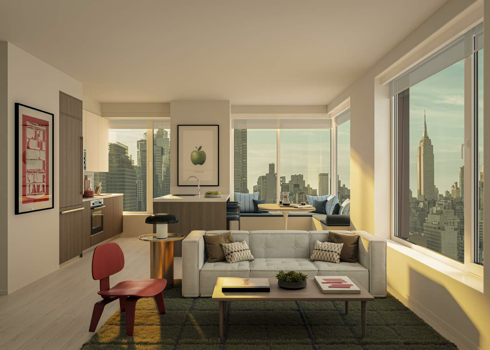 A living room at The Maybury Apartment building near Hudson Yards