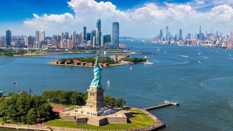 NYC skyline view with Statue of Liberty