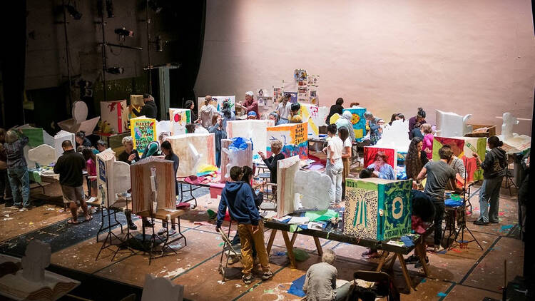 People create lanterns at an art workshop. 