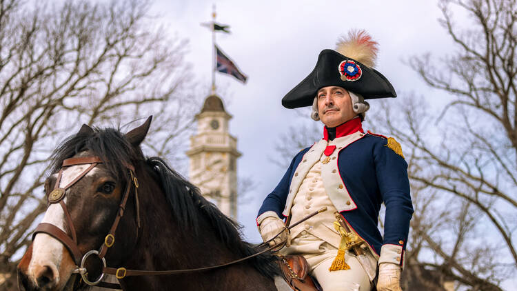 Character interpreter Mark Schneider portrays Nation Builder Marquis de Lafayette on horseback outside the Capitol, March 2, 2020.