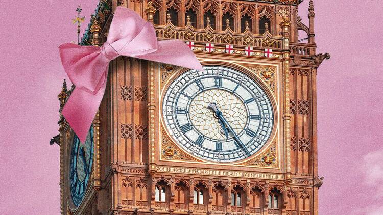 Big Ben looking demure with a pink ribbon