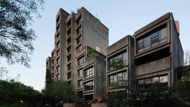 A Brutalist block of geometric apartments.