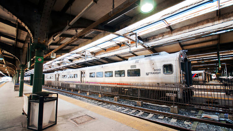 New Jersey transit train at the Lackawanna Railroad Building in Hoboken, New Jersey